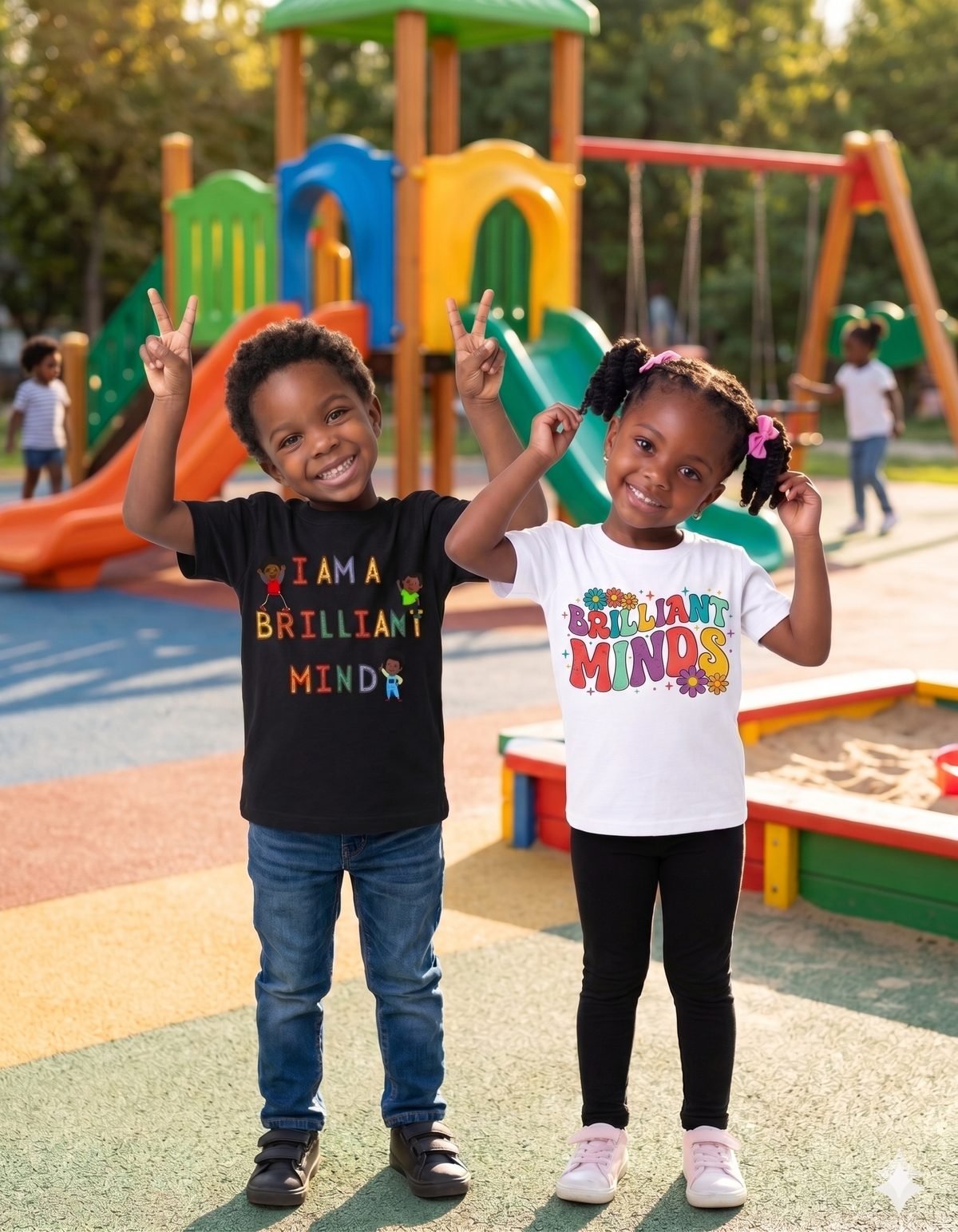 Kids wearing Brilliant Minds t-shirts on the playground